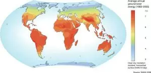 World map of average annual solar energy levels showing highest potential in desert regions including the Sahara and Middle East