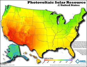 US map of photovoltaic solar resource potential showing highest levels in the Southwest and declining solar radiation toward northern states