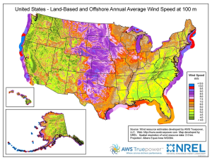 NREL wind resource map showing wind speeds across the United States with Great Plains having the strongest wind resources