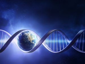 Earth DNA - EnvironmentalScience.org DNA double helix structure surrounding Earth representing molecular paleontology and genetic evolutionary research