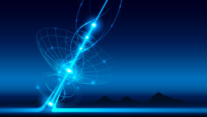 Blue energy flow through wireframe geometric structure visualizing physics concepts and computational modeling systems