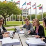 Diverse college students collaborating on scholarship applications at outdoor campus table with international flags behind