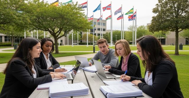 Diverse college students collaborating on scholarship applications at outdoor campus table with international flags behind