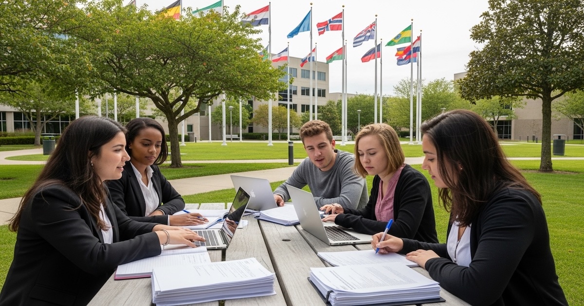 Diverse college students collaborating on scholarship applications at outdoor campus table with international flags behind