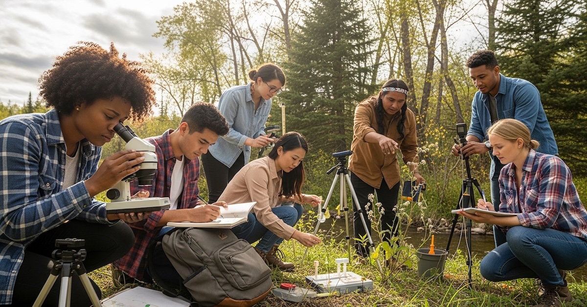 Diverse environmental science students conducting field research outdoors with microscopes and equipment in forest setting