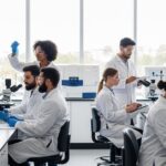 Diverse environmental science graduate students conducting research in modern university laboratory with safety equipment