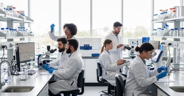 Diverse environmental science graduate students conducting research in modern university laboratory with safety equipment