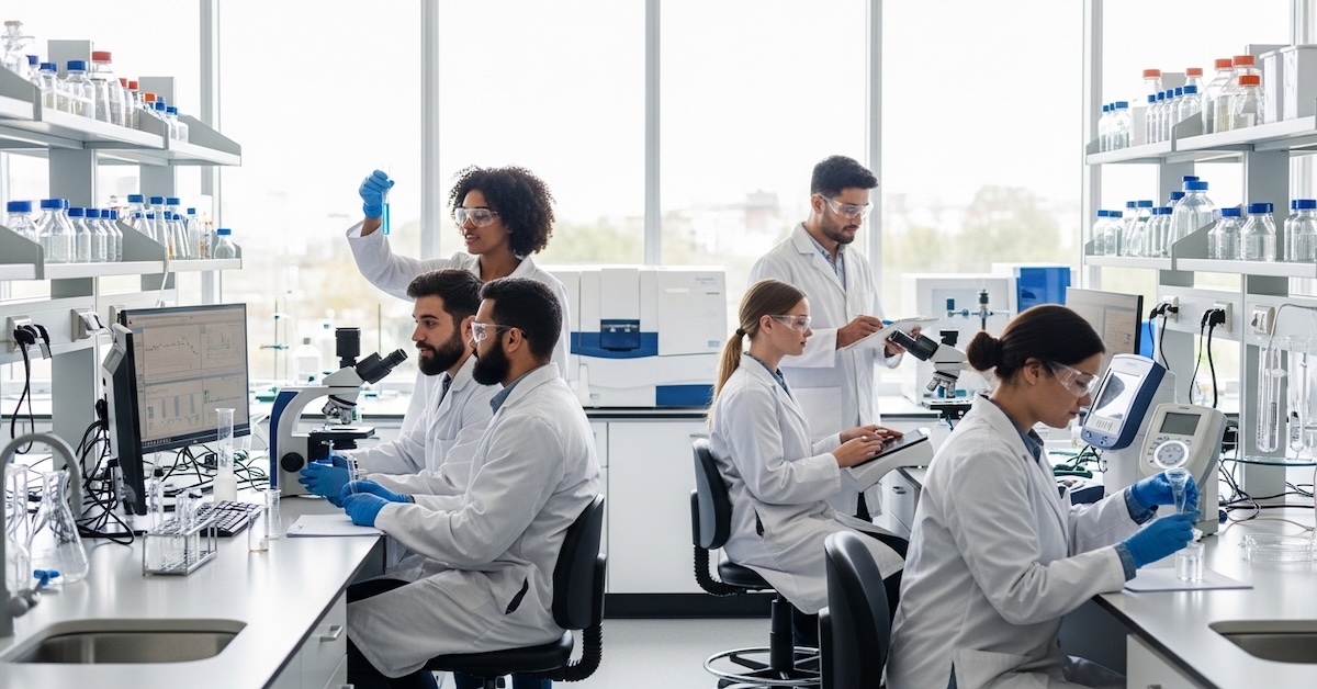 Diverse environmental science graduate students conducting research in modern university laboratory with safety equipment