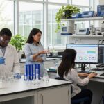 Environmental science PhD students conducting laboratory research with water samples and analyzing data on computers