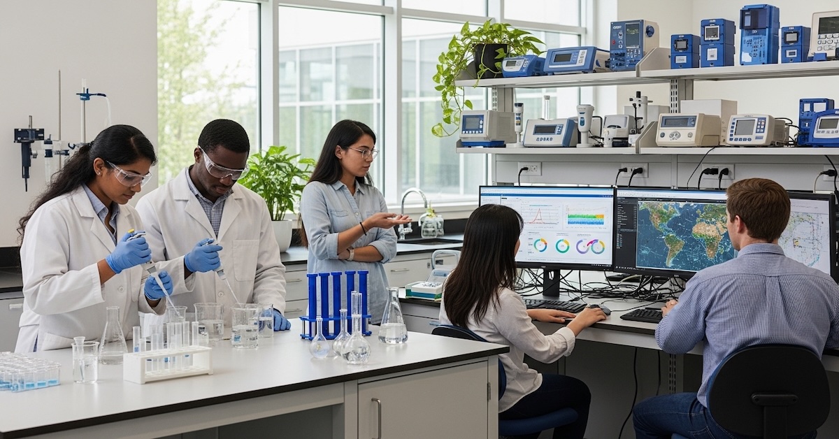 Environmental science PhD students conducting laboratory research with water samples and analyzing data on computers