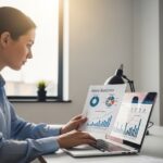 Environmental science professional analyzing salary statistics and career data on laptop in modern office setting