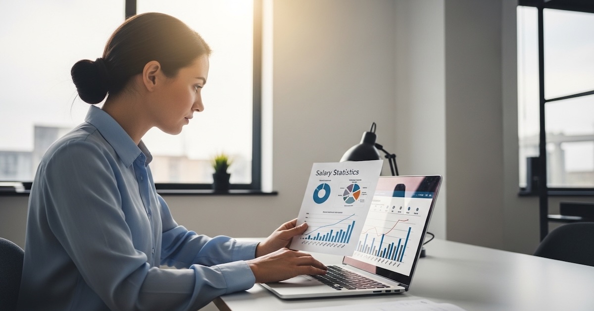 Environmental science professional analyzing salary statistics and career data on laptop in modern office setting