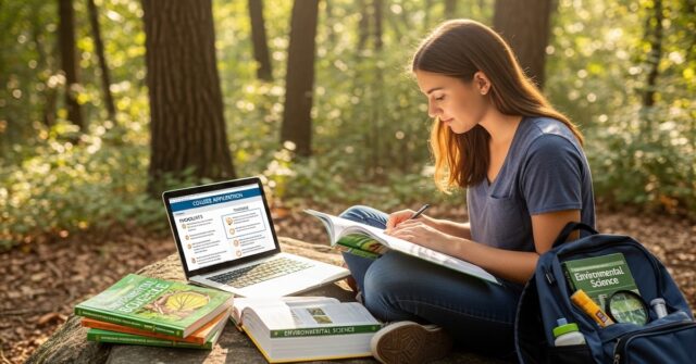 Student studying environmental science outdoors with textbooks and laptop showing college application form