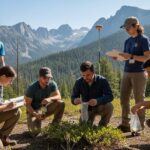 environmental-science-students-field-research-national-park - EnvironmentalScience.org Environmental science students collecting field data with GPS equipment in mountain wilderness, alpine peaks in background