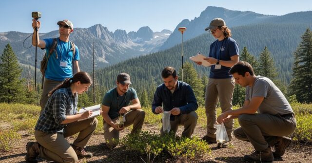 environmental-science-students-field-research-national-park - EnvironmentalScience.org Environmental science students collecting field data with GPS equipment in mountain wilderness, alpine peaks in background