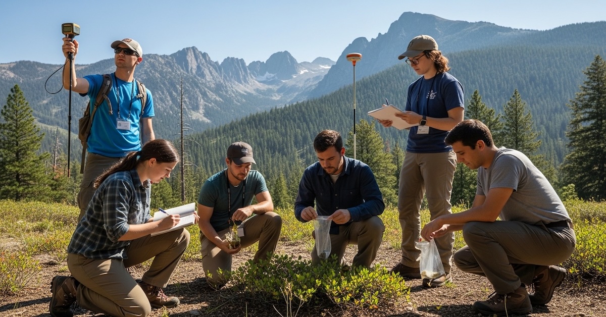 environmental-science-students-field-research-national-park - EnvironmentalScience.org Environmental science students collecting field data with GPS equipment in mountain wilderness, alpine peaks in background
