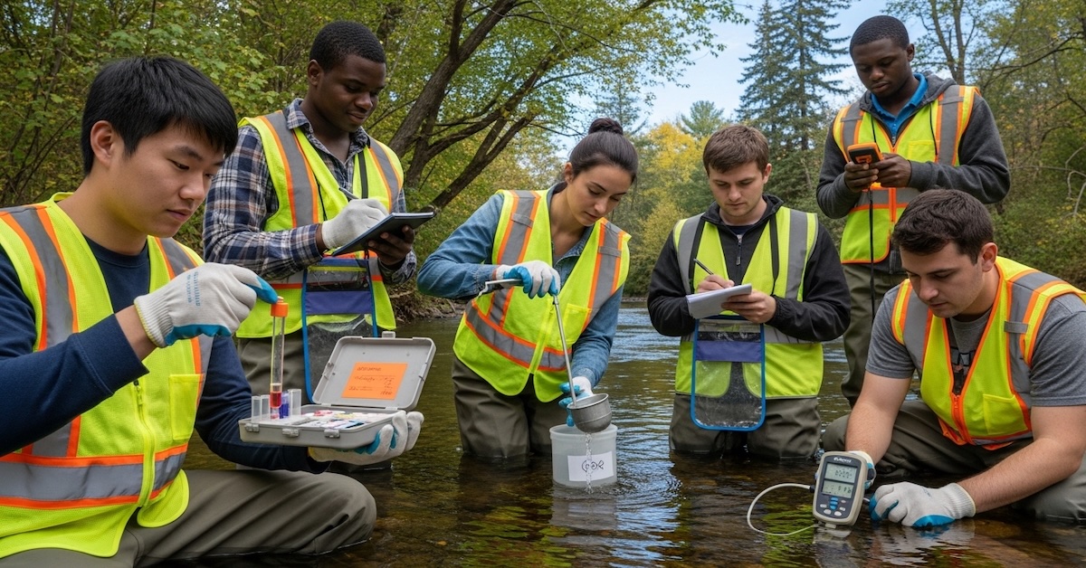 environmental-science-students-water-quality-fieldwork - EnvironmentalScience.org Environmental science students testing water quality in stream with sampling equipment and tablets