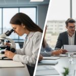 environmental-science-vs-studies-degree-comparison - EnvironmentalScience.org Woman analyzing samples in laboratory on left, professionals reviewing environmental policy documents in meeting on right