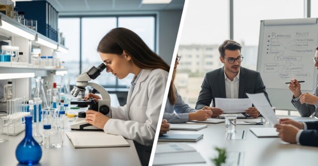 environmental-science-vs-studies-degree-comparison - EnvironmentalScience.org Woman analyzing samples in laboratory on left, professionals reviewing environmental policy documents in meeting on right