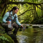 Environmental scientist collecting water quality samples from forest stream with monitoring equipment
