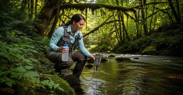Environmental scientist collecting water quality samples from forest stream with monitoring equipment