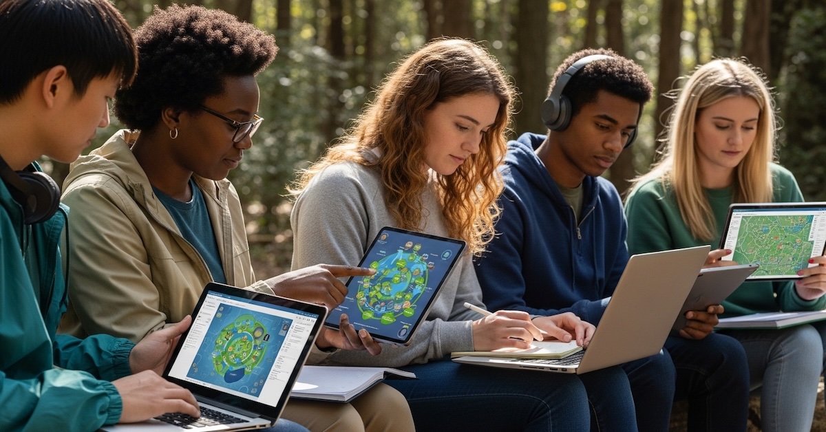 Diverse students using laptops and tablets for online environmental science learning in outdoor forest setting